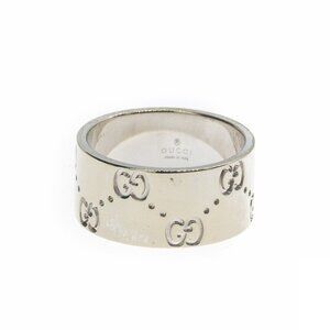 Gucci Icon Logo 9mm Wide Band 18K 750 White Gold GG Ring Size 6 1/2 EU 13
